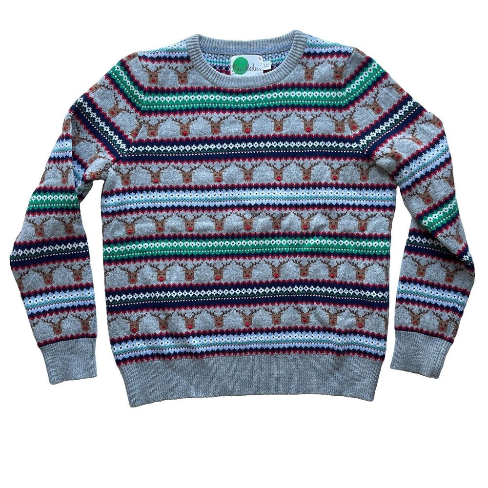 Mini Boden Boys 11-12 Reindeer Fair Isle Jumper Wool Blend Knit Crewneck Sweater
